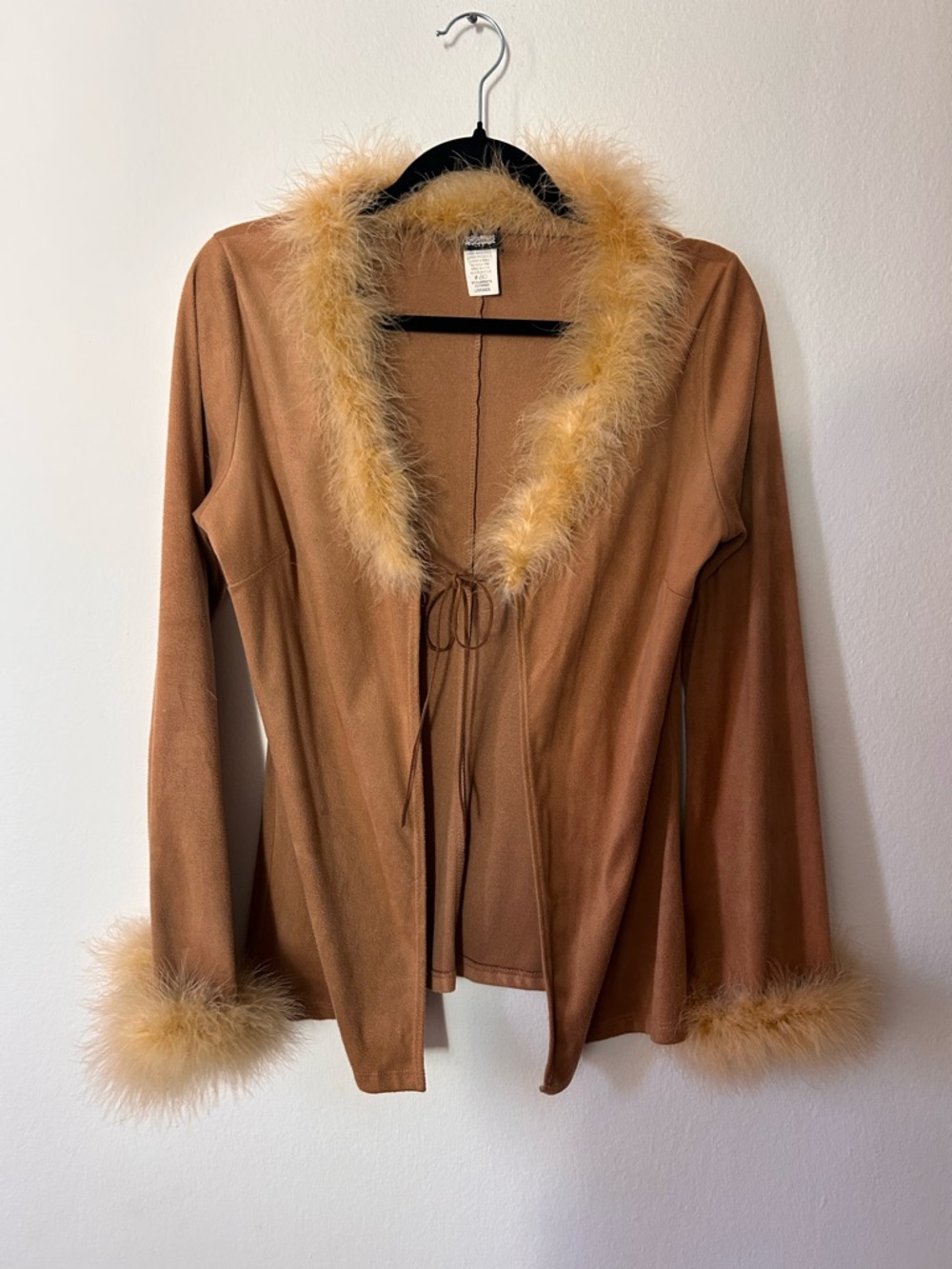 Vintage Faux-Suede Wrap Sweater Tan Feather Trim Boho Indie Coachella Festival